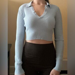H&M Divided Light Blue Ribbed Knit Collared Crop Top